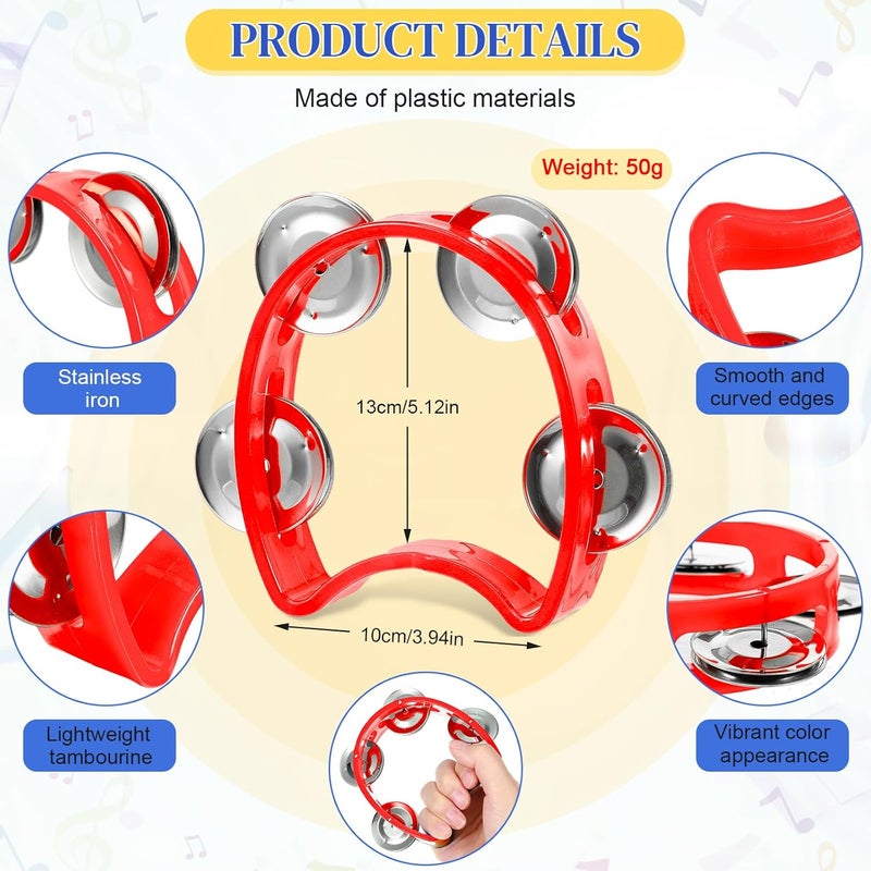 Lukmaa 12 Pcs Plastic Percussion Tambourine with 4 Bells Rhythm Musical Instruments for Adults Hand Tambourine Hand Held Percussion Drum for Party Kindergarten Family School Supplies (Red) - Image 2